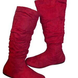 Womens Red Slouchy Suede Knee High Boots Zipper Side Flat Sole Size 7.5